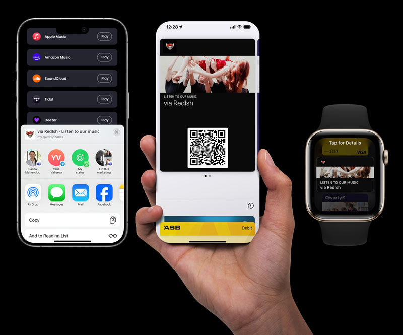 Hand holding a smartphone displaying a music link alongside another phone with QR code and a smartwatch.