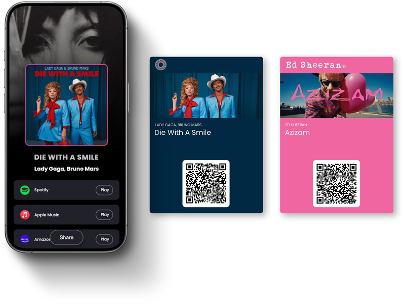 Smart music link preview showing smartphone and digital wallet cards for Apple and Google Wallet
