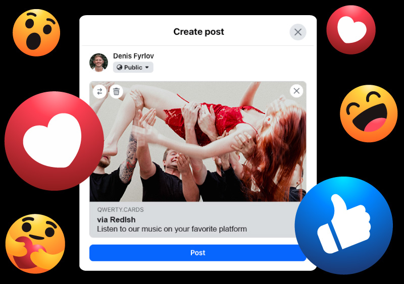 Social preview card illustrating a shared music link with emojis and a post preview.