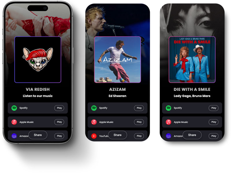 Three digital music link cards displayed on smartphones showing Via Redish, Azizam, and Die With A Smile with streaming platform buttons and share options.